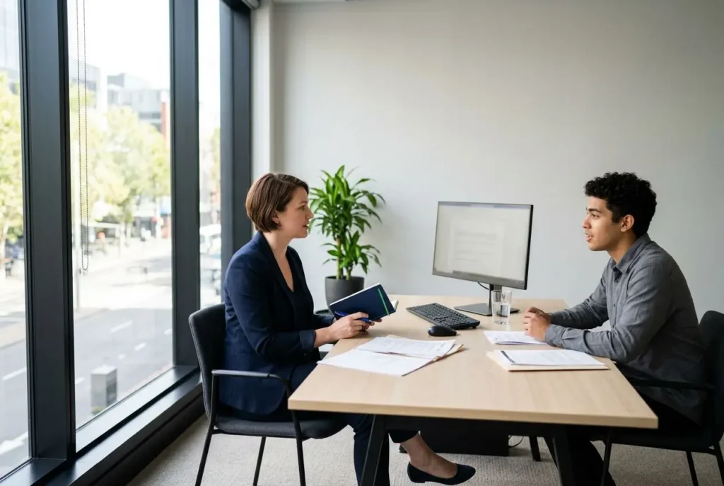 Deux personnes en entretien dans un bureau moderne près d’une grande fenêtre; l’un prend des notes, l’autre écoute avec un dossier et des documents sur la table. Les avantages d'une agence d'intérim se lisent implicitement dans le cadre orientation professionnelle.