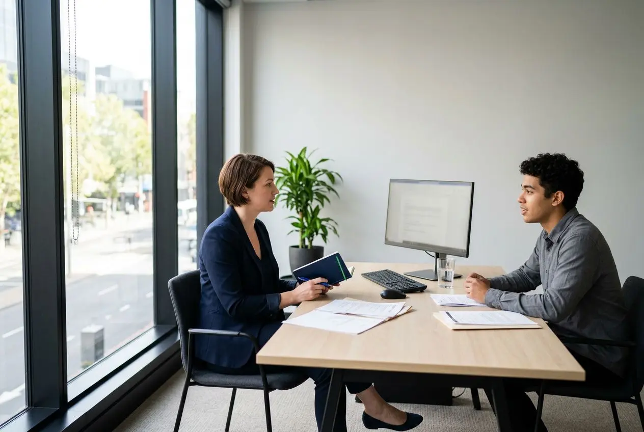 Deux personnes en entretien dans un bureau moderne près d’une grande fenêtre; l’un prend des notes, l’autre écoute avec un dossier et des documents sur la table. Les avantages d'une agence d'intérim se lisent implicitement dans le cadre orientation professionnelle.