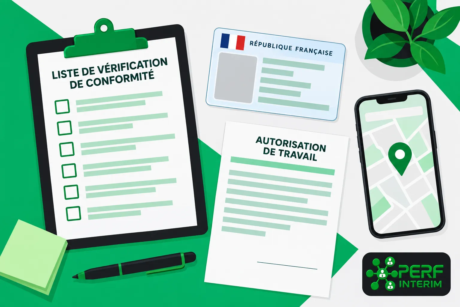 Un document et une carte d’identité anglais montrant des vérifications et des autorisations sur fond vert.