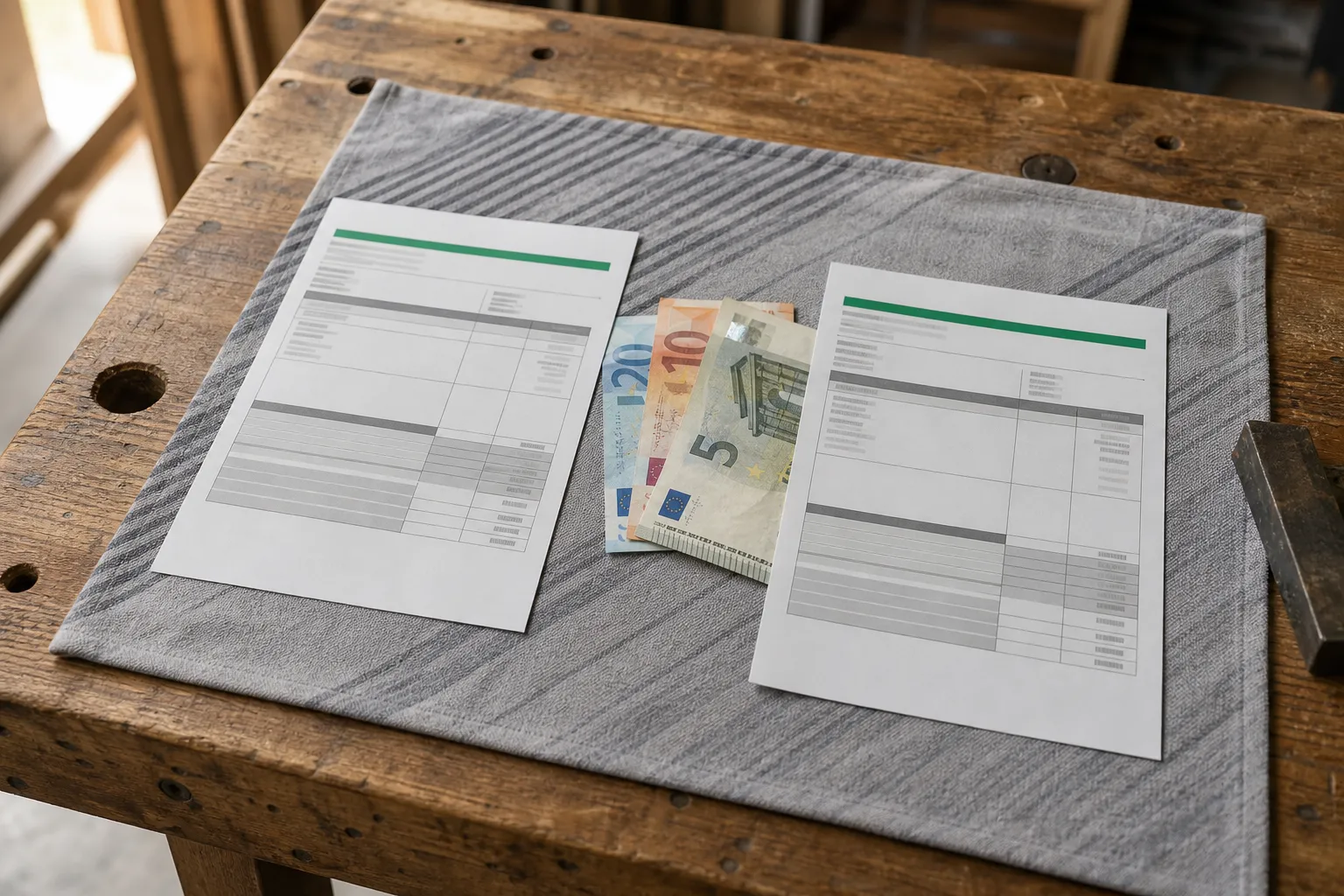 Documents administratifs et billets de banque sur une table en bois, évoquant le détachement salarié français en allemagne.