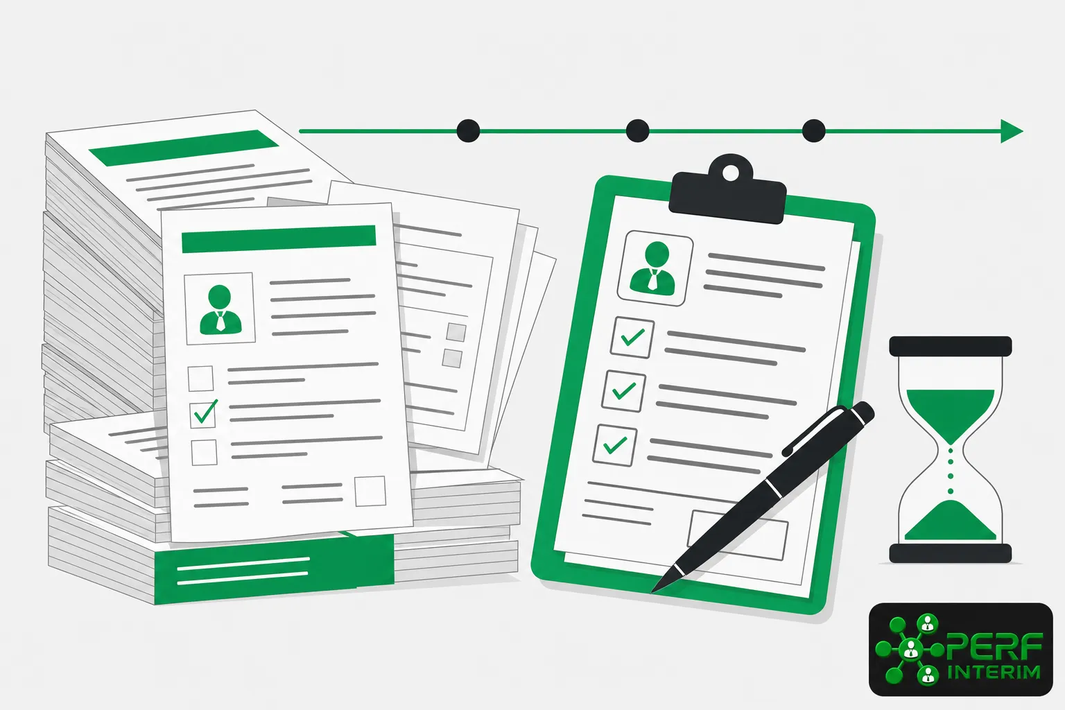 Documents empilés et fiche de contrôle sur planchette verte, sablier et logo PERf INTERIM illustrant les inconvénients du détachement à l'étranger