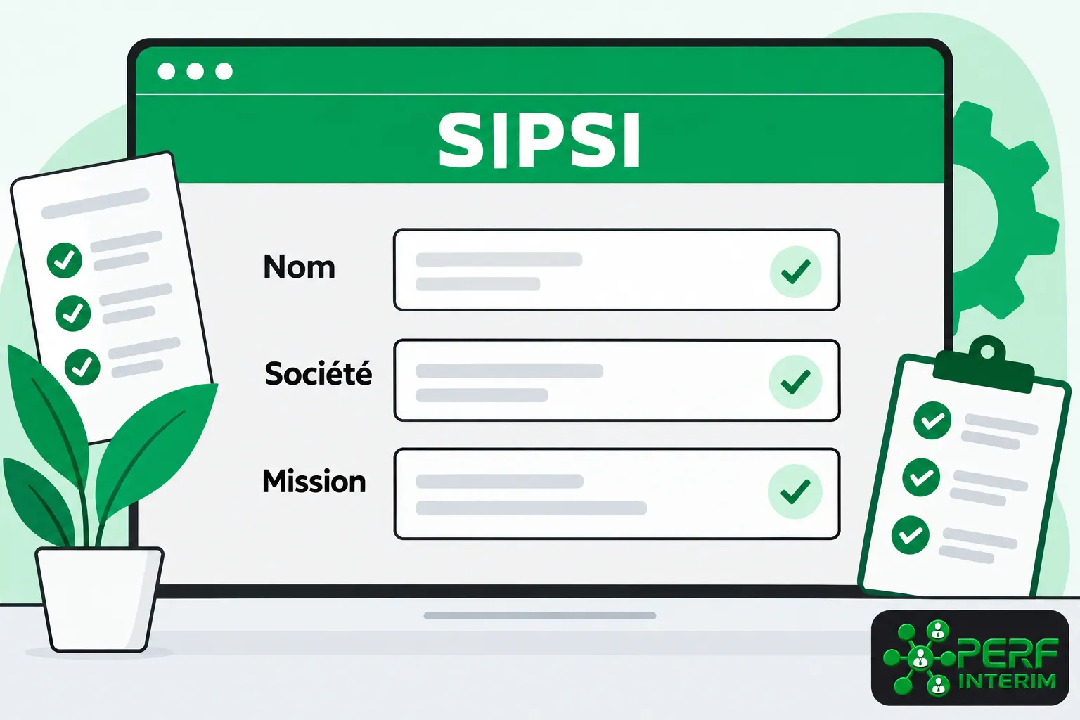 Écran montrant le formulaire SIPSI sur un ordinateur avec des champs Nom Société Mission et des coches vertes.
