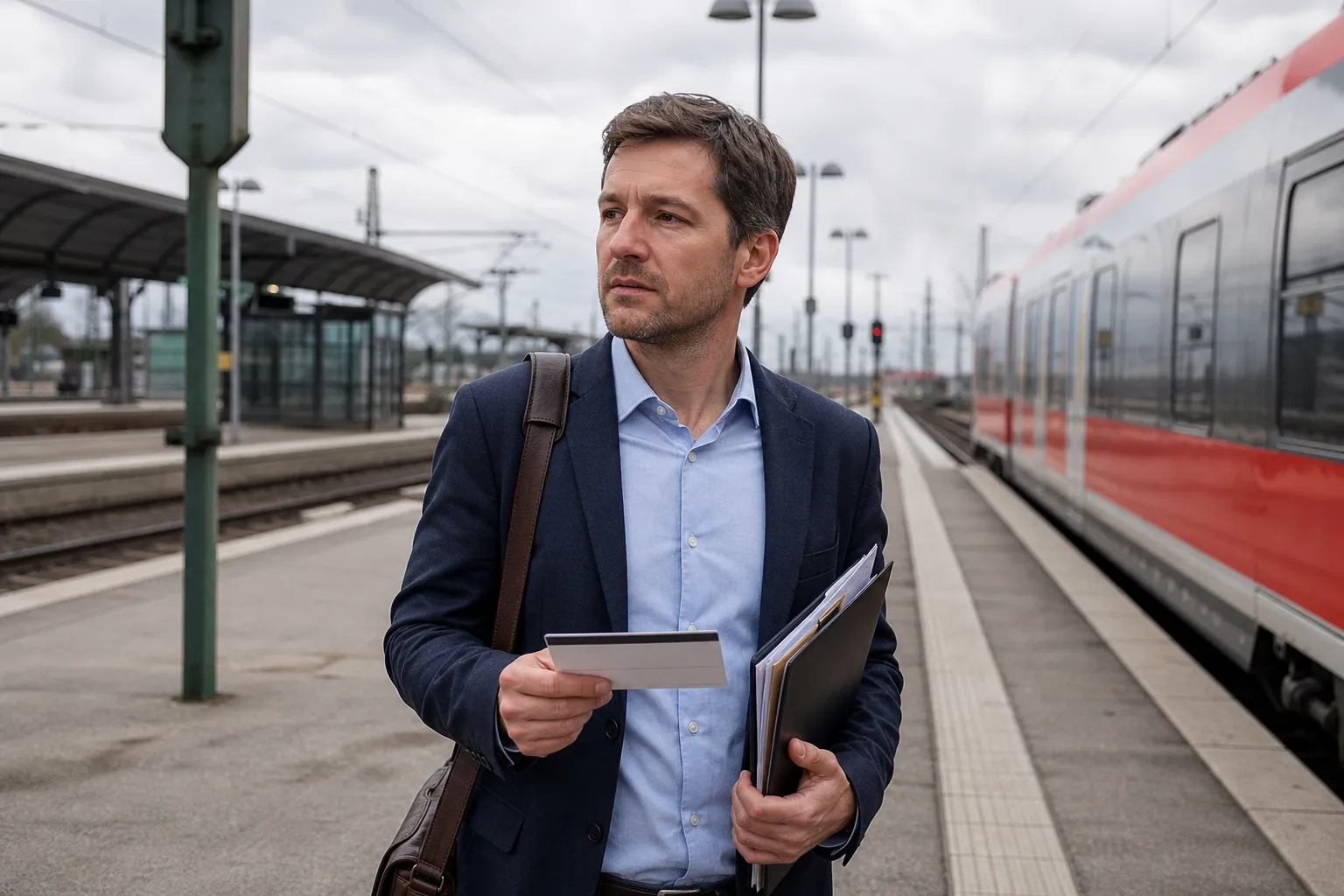 Homme d’affaires sur une plateforme ferroviaire, tenant des documents et une enveloppe, prêt à voyager. Détachement salarié français en Allemagne.