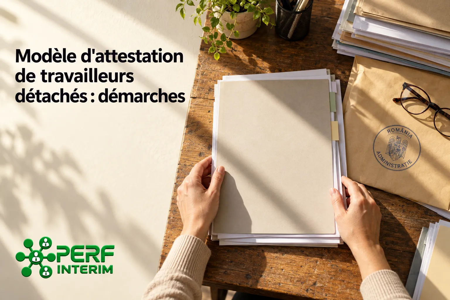 Une main tient des documents empilés sur une table en bois, prêt à être classés.