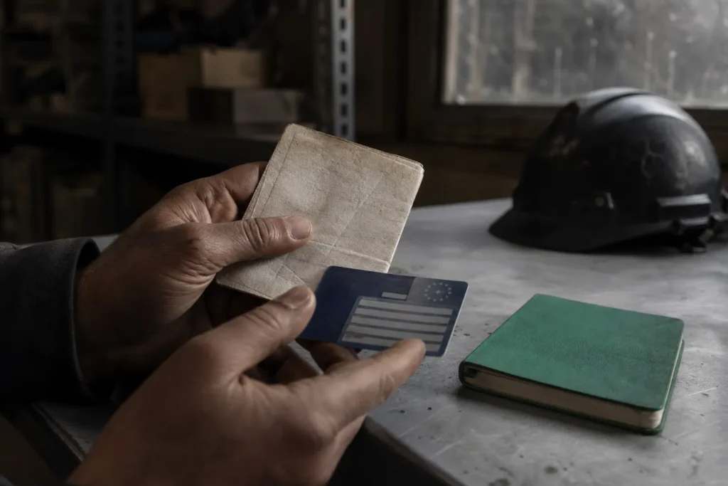 Une personne tient un carnet et une carte bancaire, avec un portefeuille en main; à gauche, un casque de sécurité et un petit carnet vert sur une table grise. Inconvénients du détachement à l'étranger.