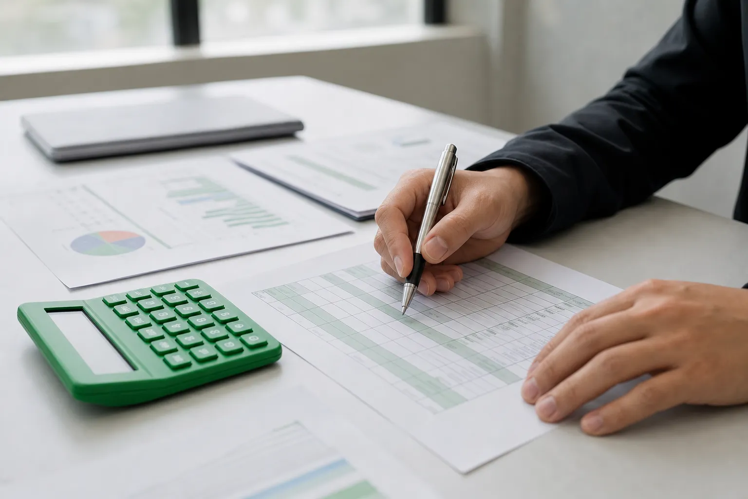 Personne travaillant sur des documents financiers avec une calculatrice verte et un stylo, en train de remplir des tableaux.