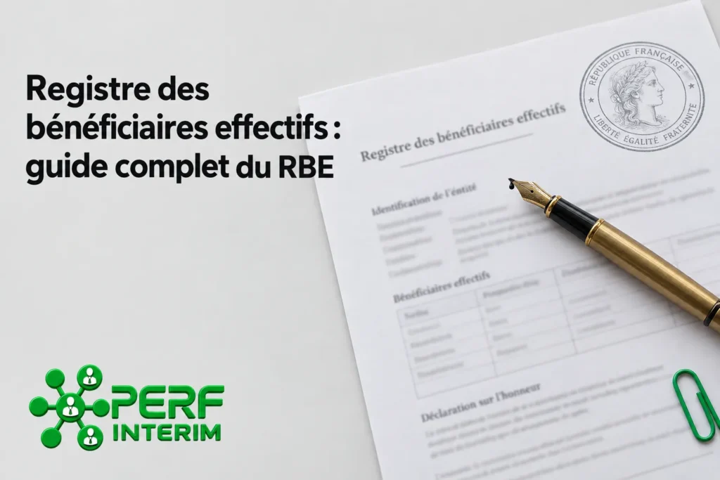 Registre des bénéficiaires effectifs : guide complet du RBE, document officiel à compléter avec stylo et paperboard.