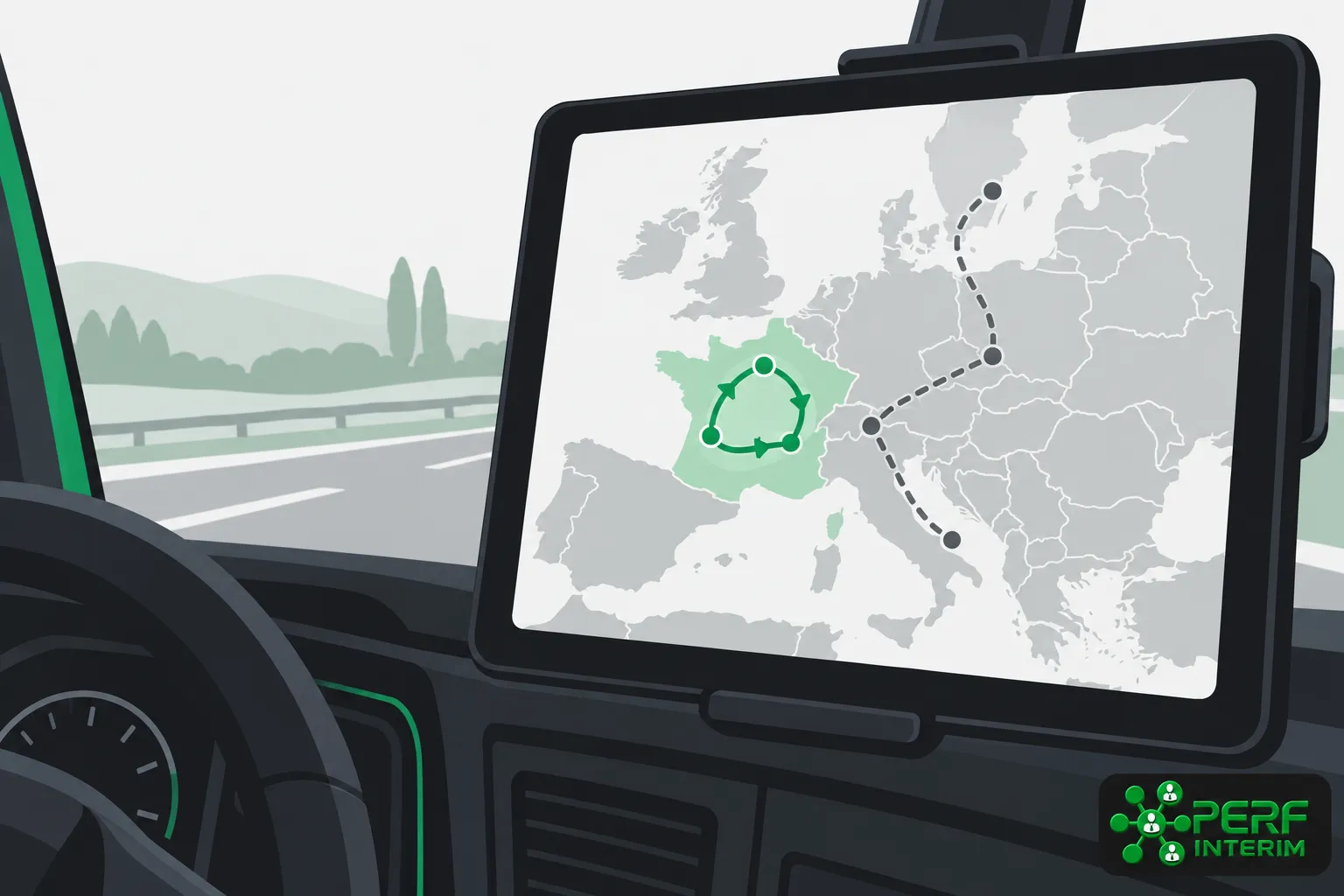 Tableau de bord de camion avec une carte montrant l’Europe et une icône verte représentant l’attestation imi transport pour le détachement des conducteurs.