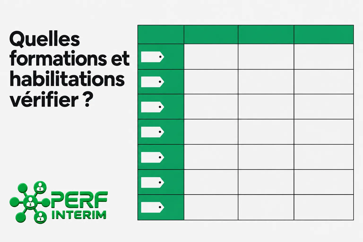 Tableau présentant des intitulés et cases vierges pour les formations et habilitations à vérifier, avec le logo PERFORM