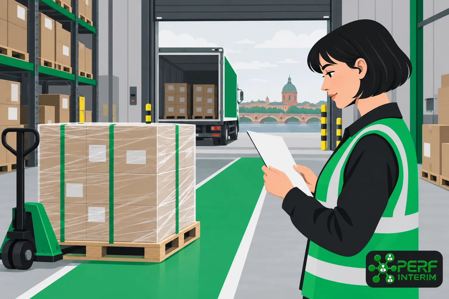Une agente en gilet vert foncé inspecte un document près d’un quai de logistique avec des palettes emballées et un chariot