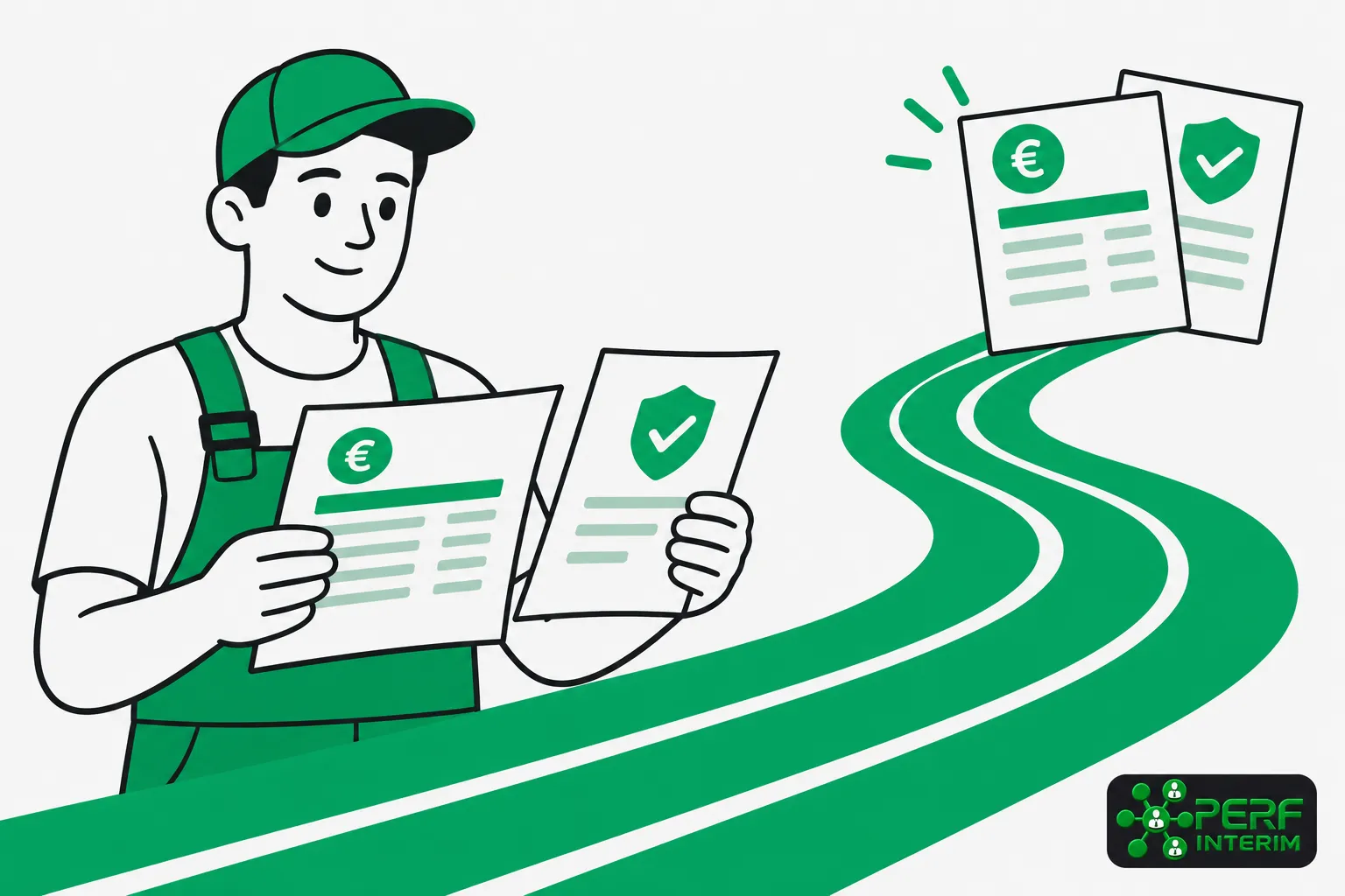 En artisan en bleu vert tient des documents, avec des preuves et des pièces, sur un chemin qui mène vers d’autres documents