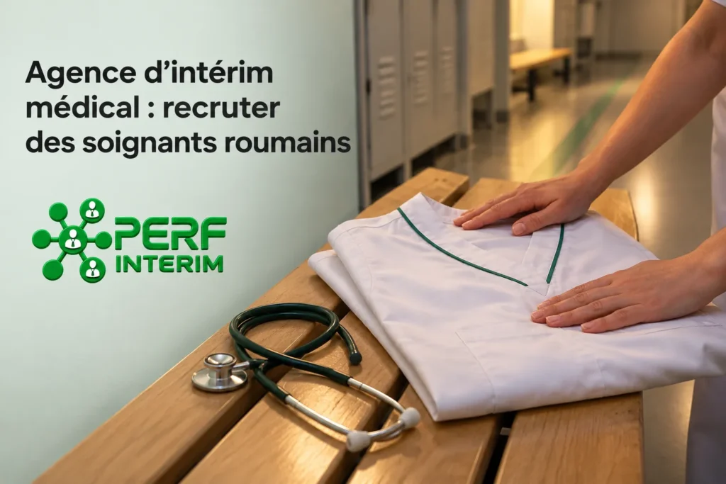 Une blouse blanche pliée sur une table avec un stéthoscope et les mains d’un soignant reposant dessus.