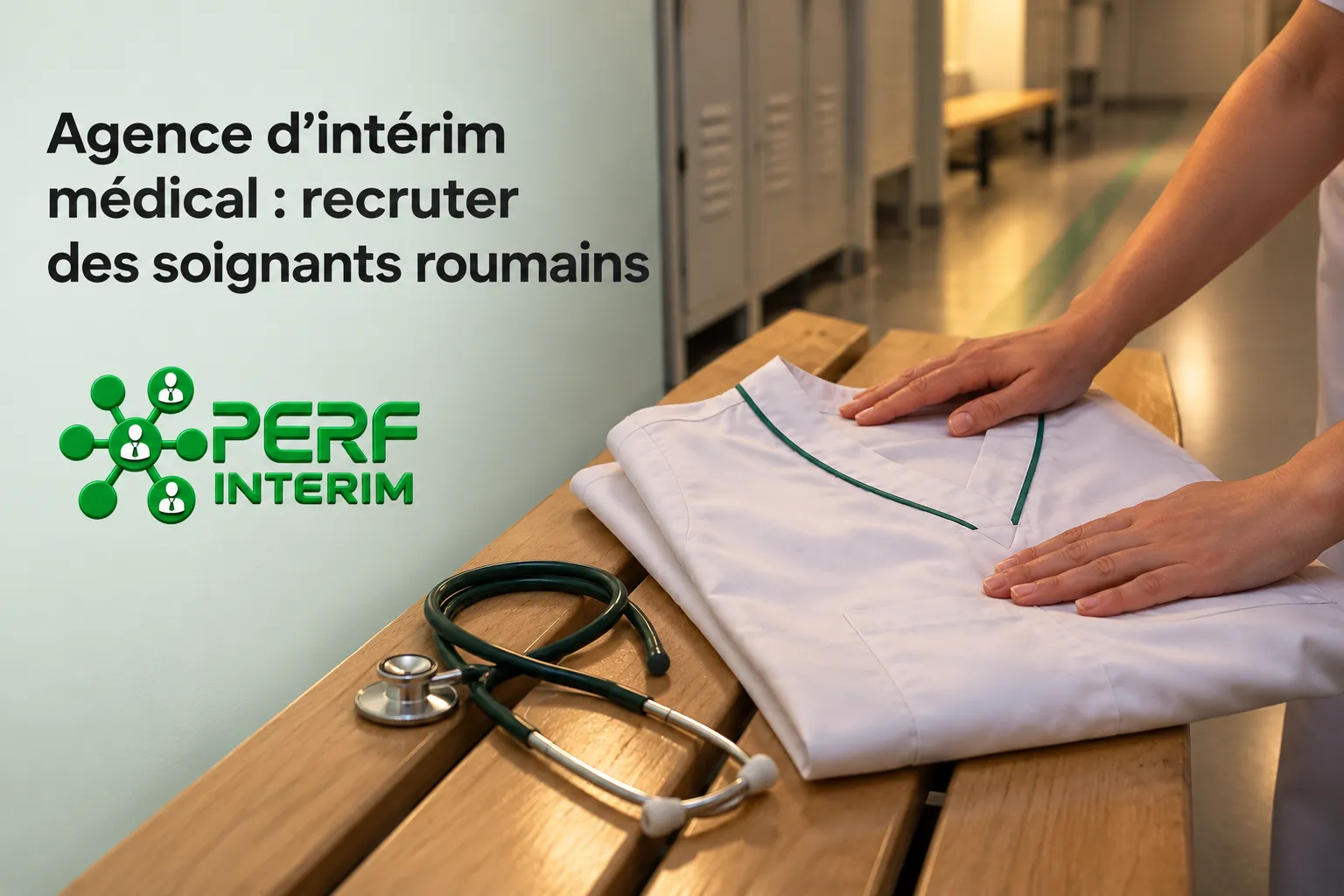 Une blouse blanche pliée sur une table avec un stéthoscope et les mains d’un soignant reposant dessus.
