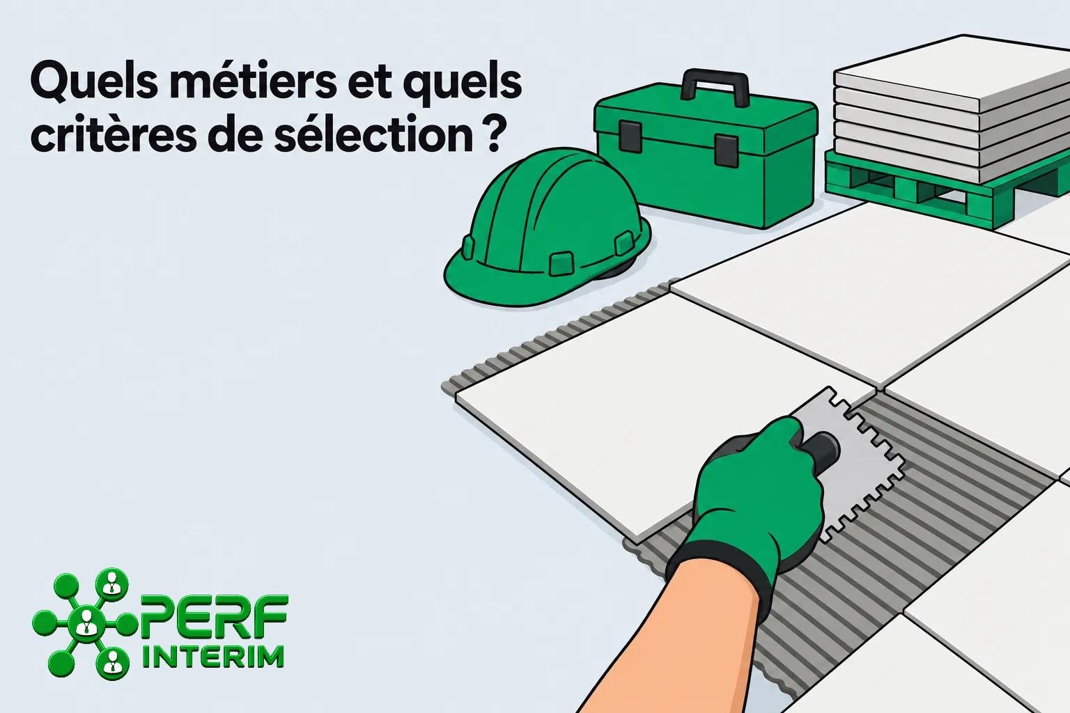Un chantier avec une main gantée qui pose une dalle sur des carreaux, des outils et équipements de sécurité verts visibles.