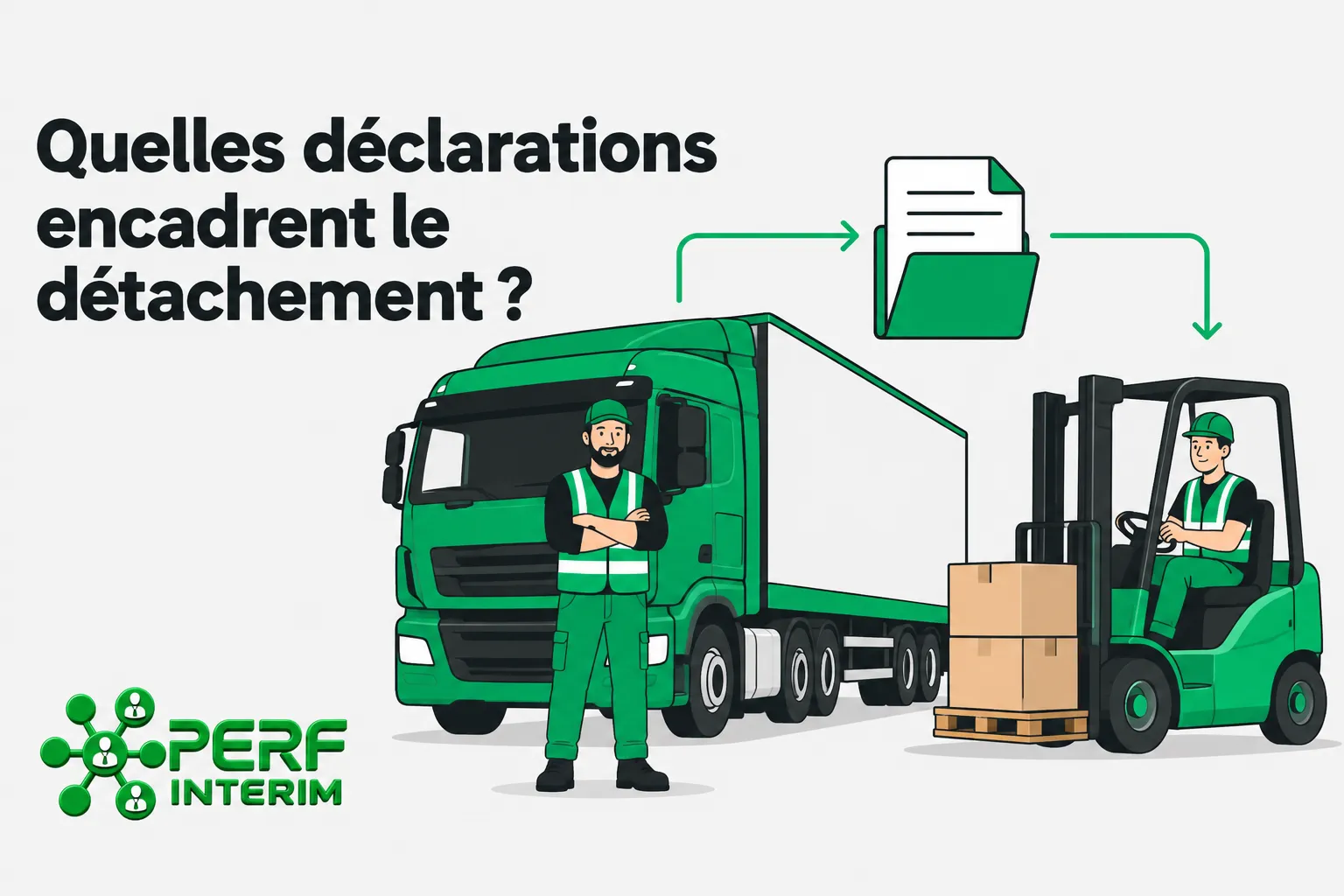 Un chauffeur de chariot élévateur et un homme debout près d’un camion vert, avec des boîtes sur un palette.