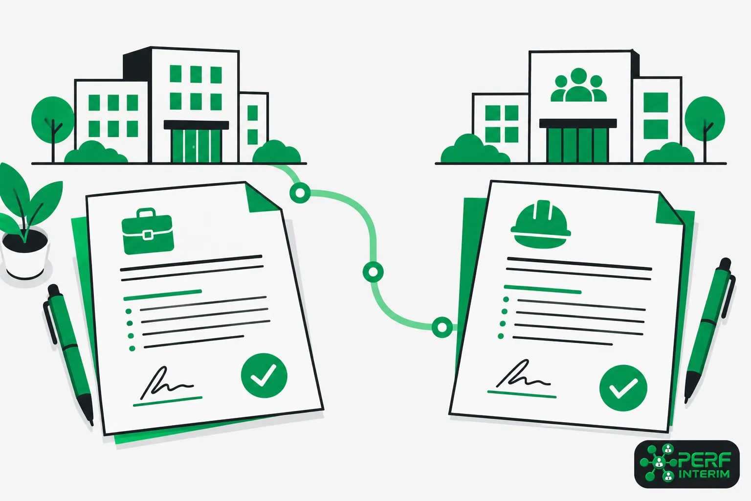Deux contrats de travail temporaire présentés sur des feuilles avec des icônes et signes de validation, reliés par un chemin