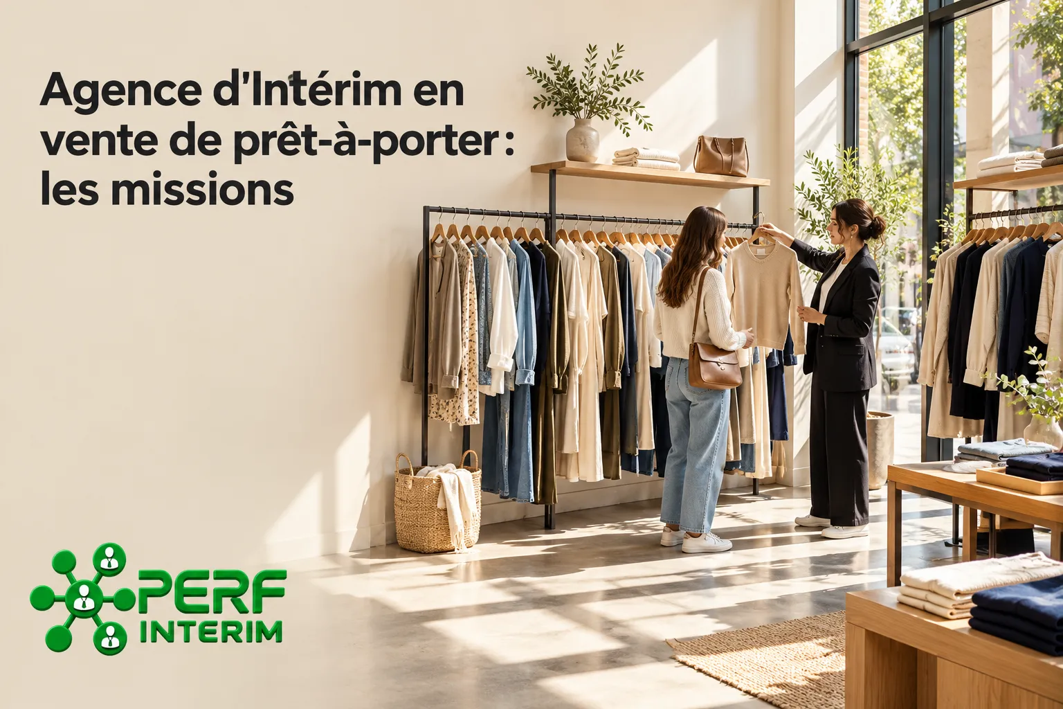 Deux femmes dans une boutique de prêt-à-porter discutent devant des vêtements suspendus sur une double tringle.
