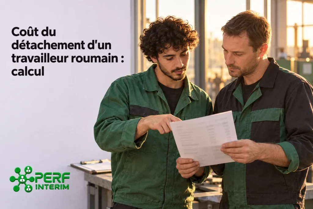Deux ouvriers discutent autour d’un document dans un atelier, examinant des informations sur le coût du détachement d’un