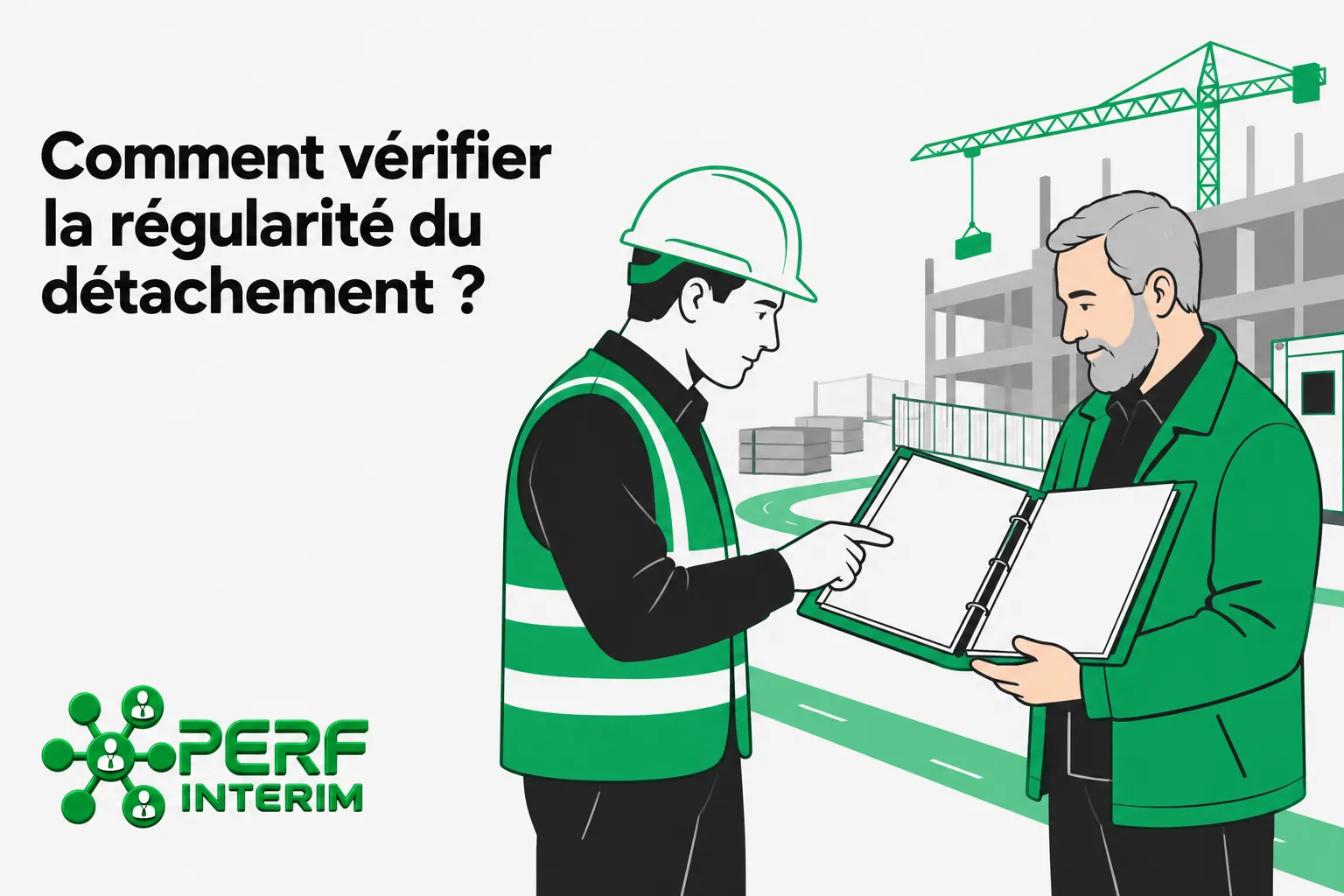 Deux personnes discutent autour d’un dossier ouvert sur fond de chantier de construction.