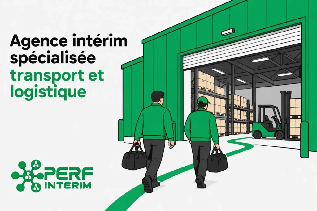 Deux travailleurs entrent dans un entrepôt vert brandissant des sacs, près d’un chariot élévateur.