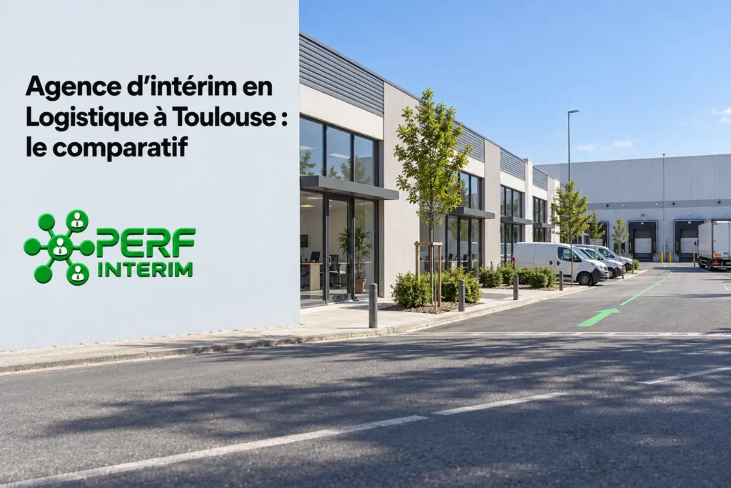 Entreprise de travail temporaire en logistique sur un site industriel avec façade moderne et parking extérieur.