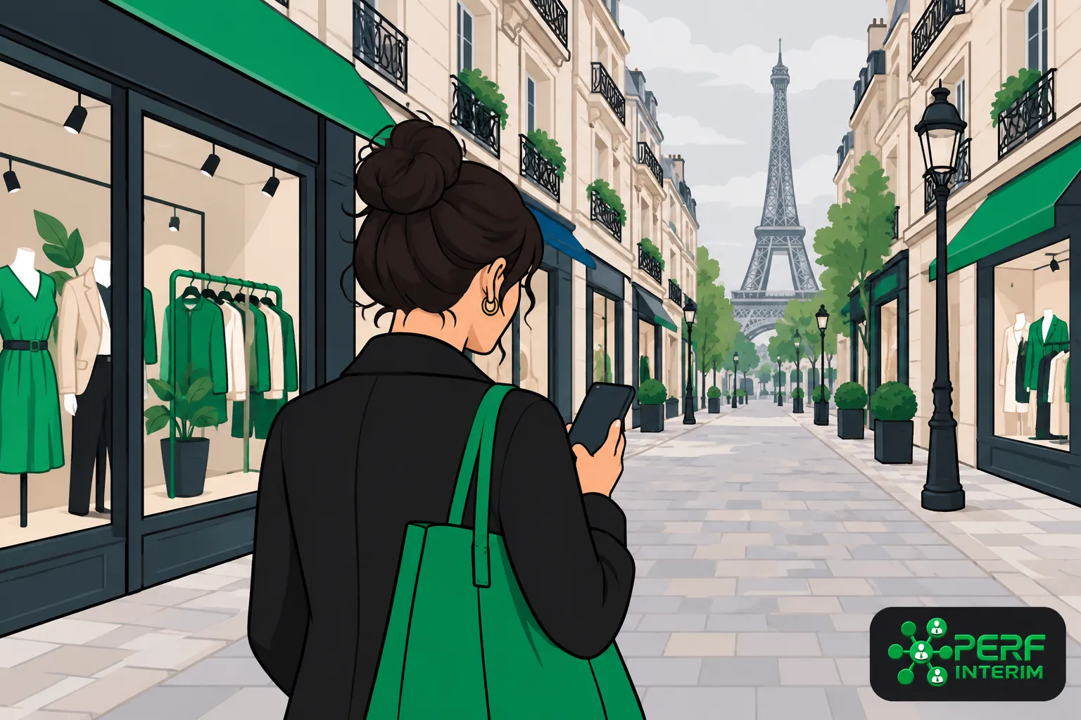 Une femme avec un sac vert regarde son téléphone en marchant dans une rue commerçante de Paris avec la Tour Eiffel au loin.