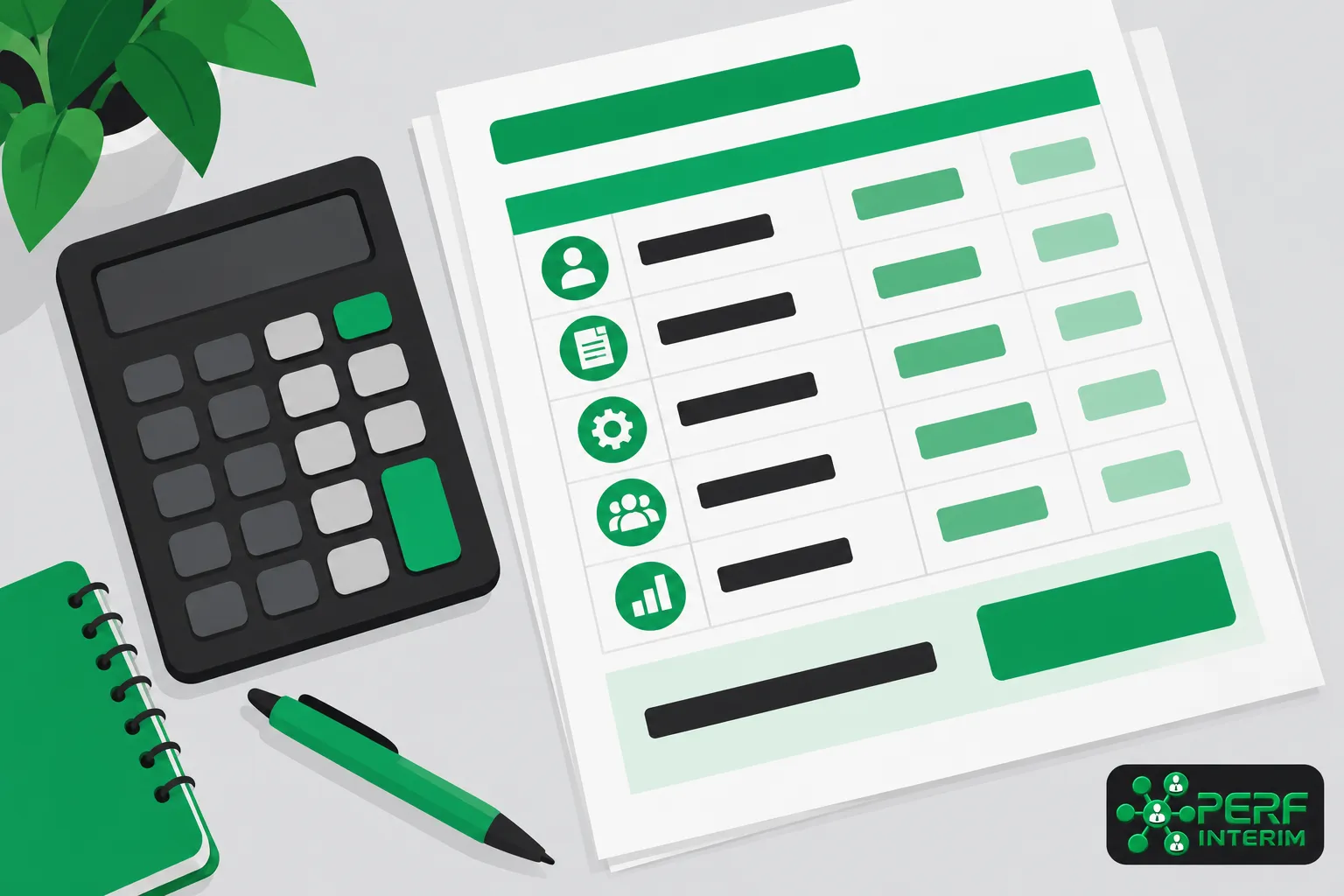 Une feuille de calcul du budget d’embauche est posée à côté d’une calculatrice et d’un stylo.