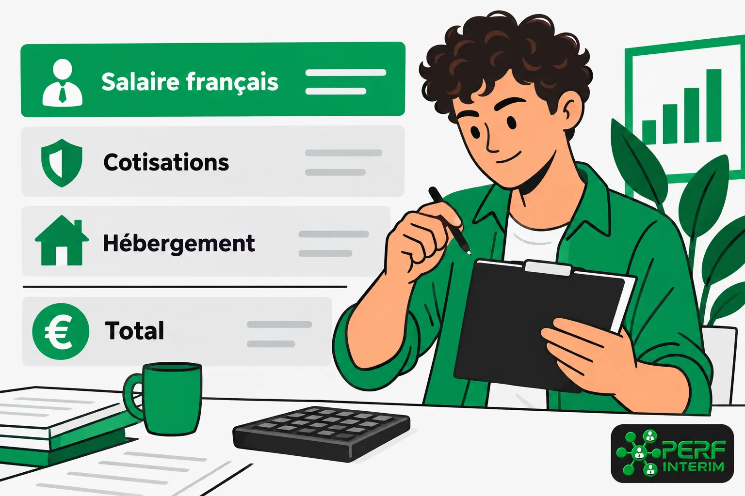 Un homme assis à un bureau note sur un clipboard, avec une colonne de postes affichés sur un tableau: Salaire français,