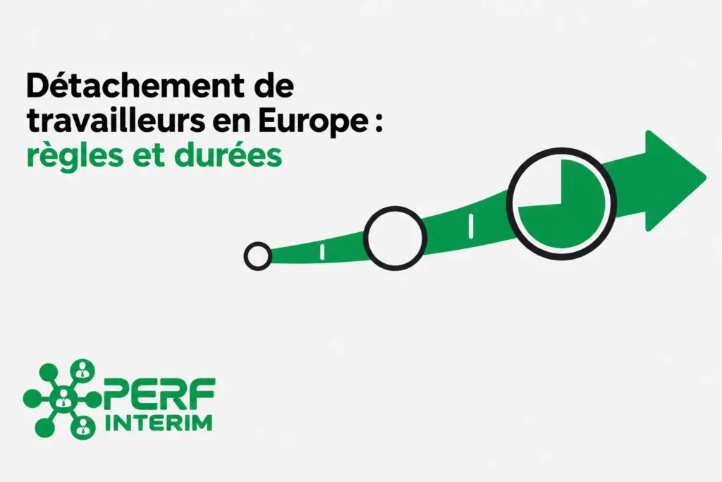 Illustration montrant une flèche verte ascendante avec des cercles sur le trajet et le logo PERF INTERIM en bas à gauche.