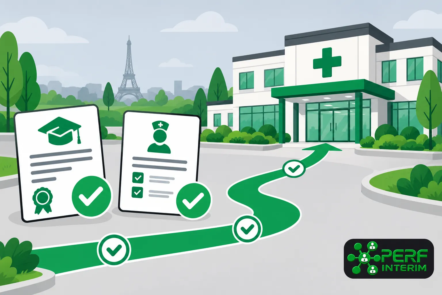 Une illustration montre une grande clinique avec un chemin vert sinueux menant à l’entrée, accompagnée de diplômes et
