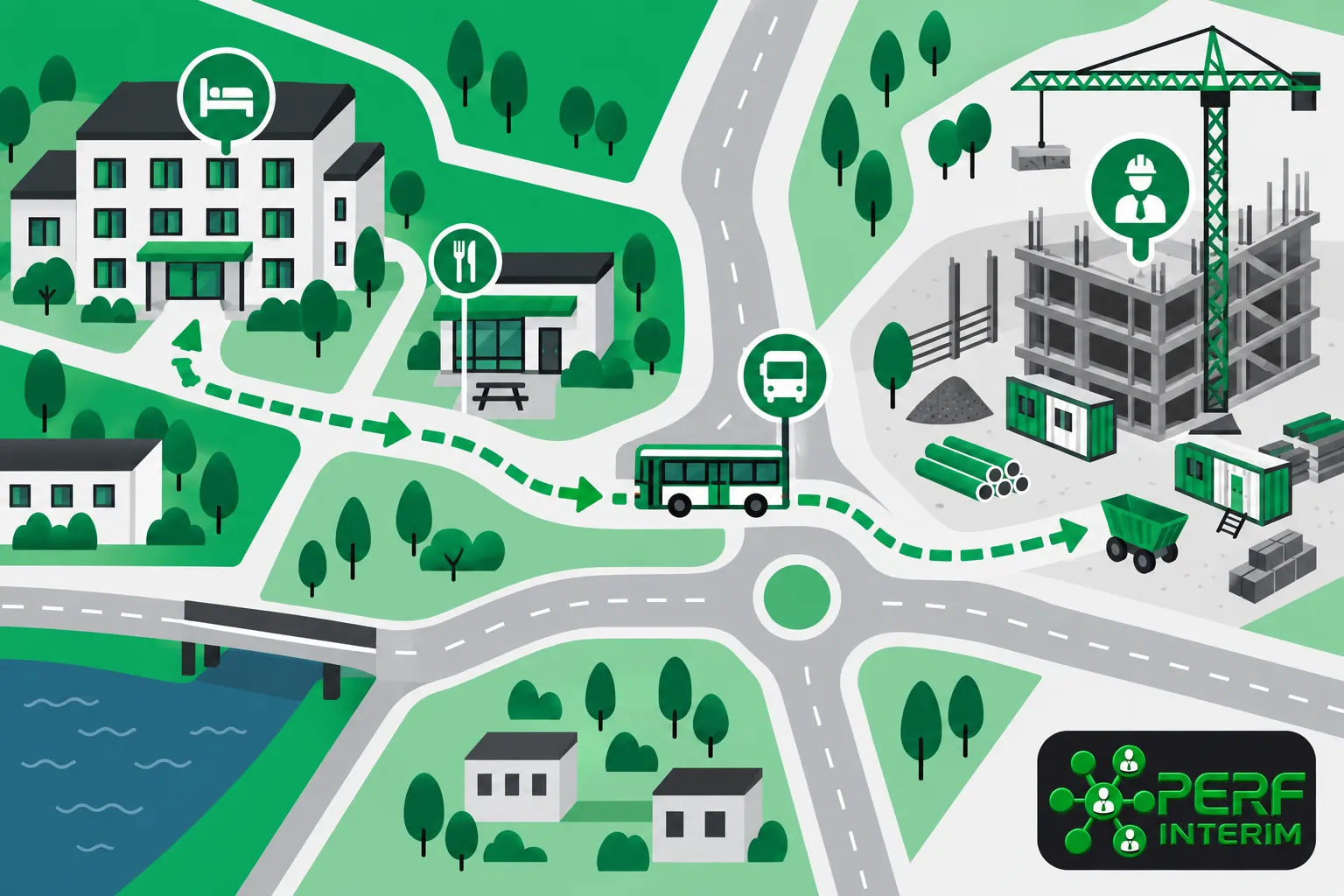 Une illustration montre une zone urbaine en construction à droite et un quartier résidentiel à gauche, avec une route