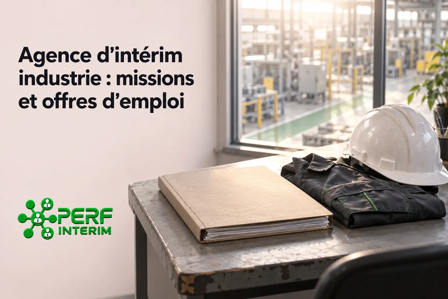 Une pile de documents et un casque de sécurité sur une table dans un atelier industriel.