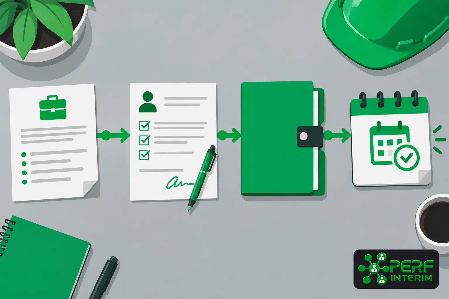 Processus de candidature illustré par des documents, un crayon et un agenda vert sur une table.