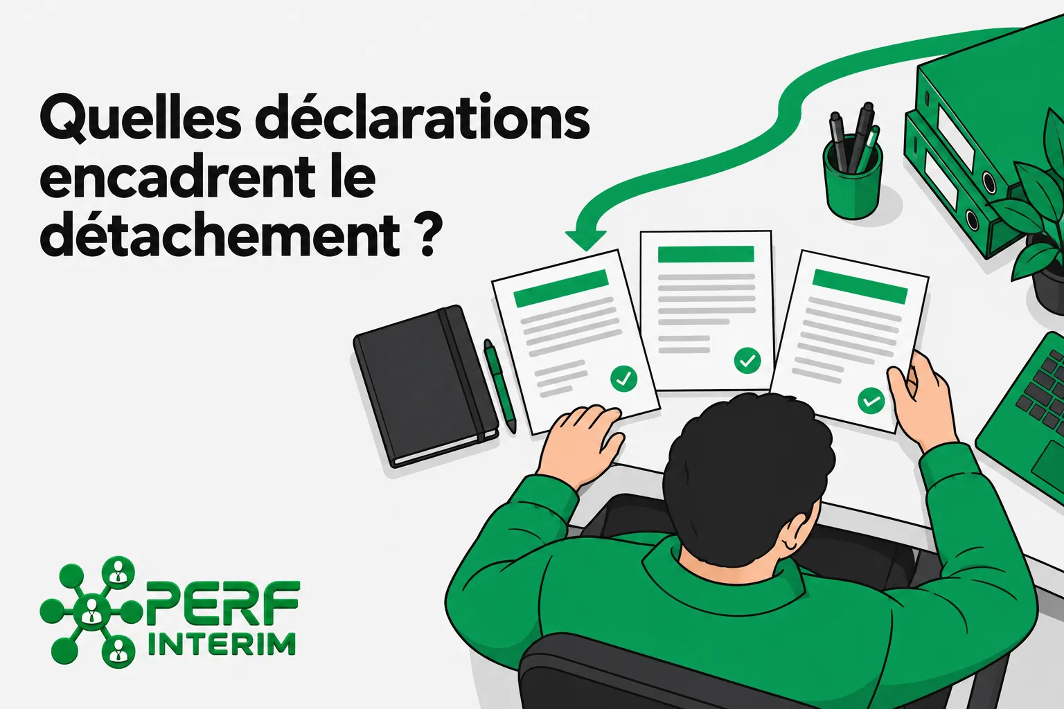 Un salarié assis à son bureau examine plusieurs documents administratifs posés sur la table.