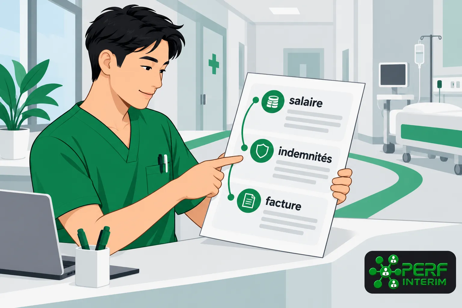 Un soignant en chemise verte tient une feuille montrant les rubriques salaire indemnités facture dans une salle d’hôpital.