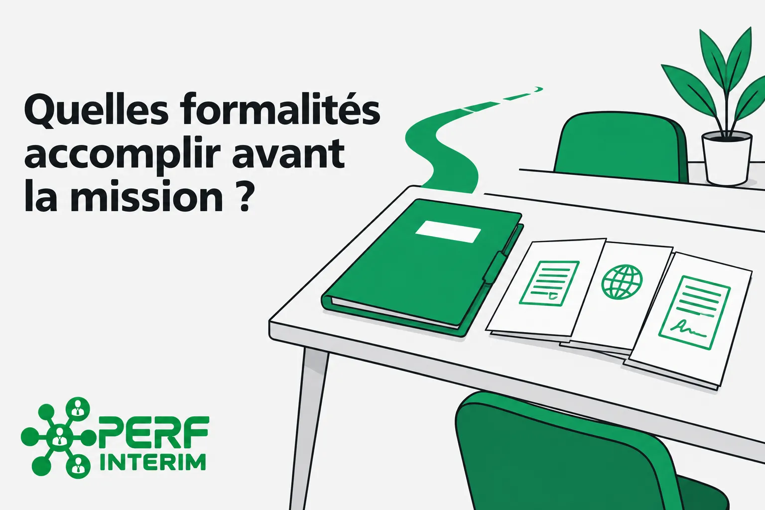 Tableau de bureau avec des documents et un carnet vert, prêt à être rangé.