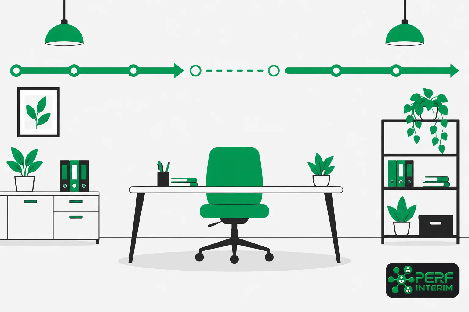 Vue d’un bureau avec une chaise verte, des plantes et des rangements, et une ligne temporelle verte au-dessus.